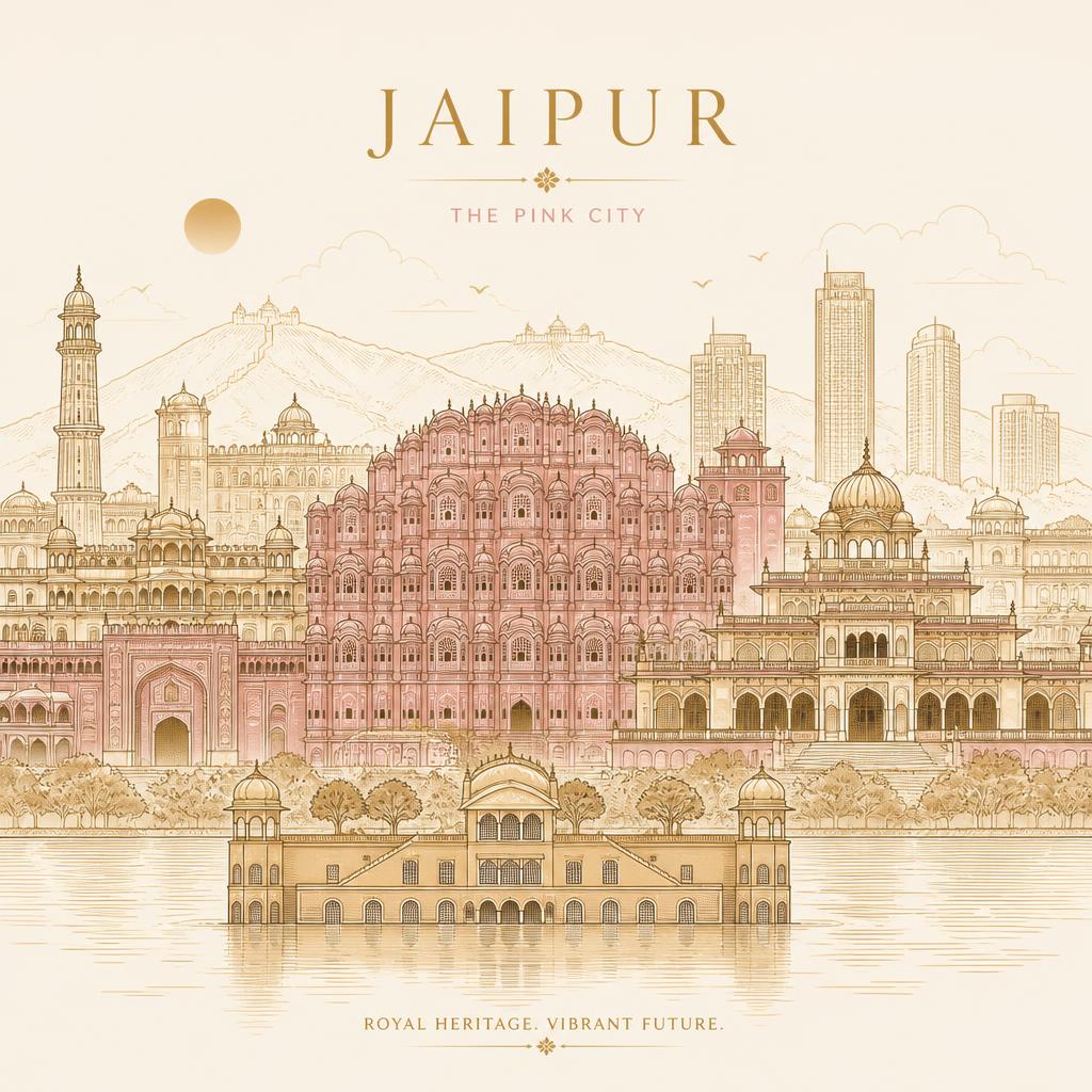 Illustration of Jaipur skyline with Hawa Mahal, Jal Mahal and modern towers